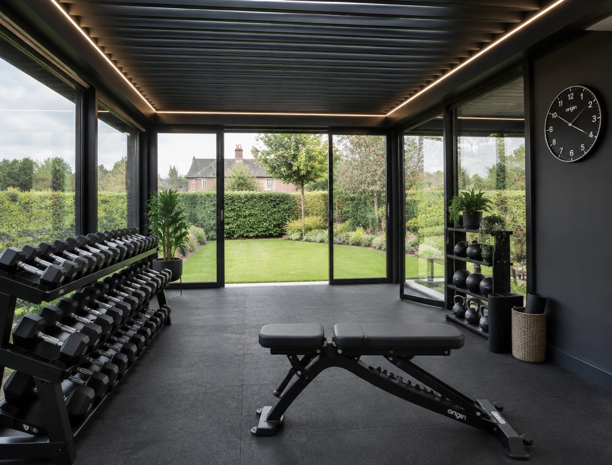 Home gym with dumbbells and bench inside an All Seasons pergola