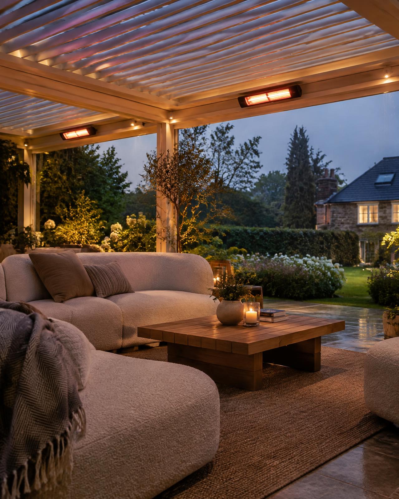 Boucle lounge beneath a heated pergola