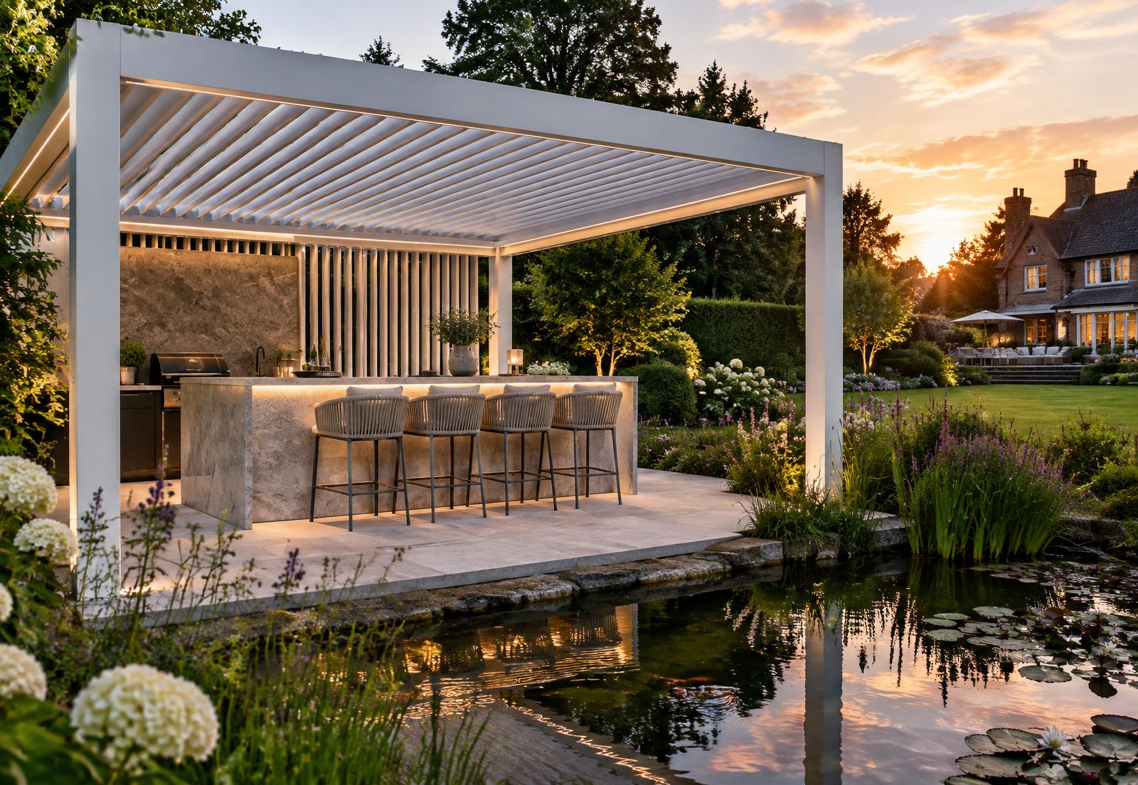 White louvred pergola with stone bar beside a garden pond at sunset